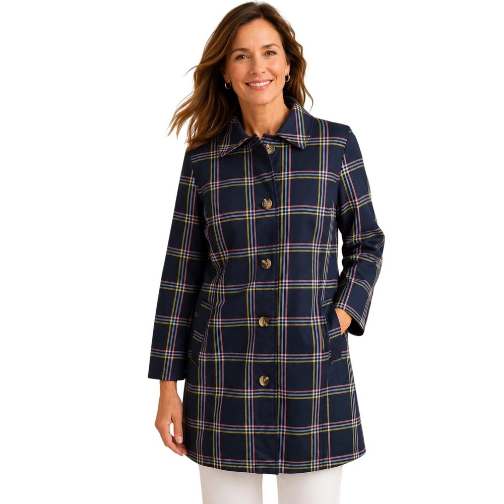 Talbots Women Plaid Car Coat Petite Medium Navy NEW Cotton Trench Jacket Preppy